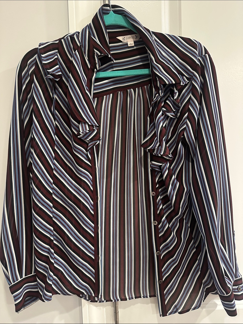 Nanette Lepore M Striped Ruffle Front Button-Up Blouse - Brown/Blue
